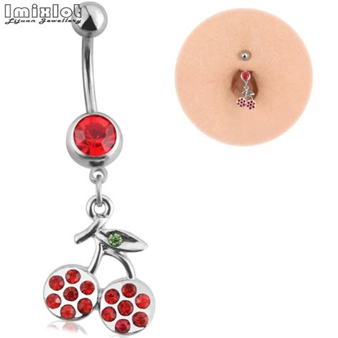 Imixlot Womens Sexy Belly Button Ring Rhinestone Red Cherry Dangle