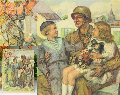 Vintage World War Ii Christmas Card 1944 Wwii Soldier Children France