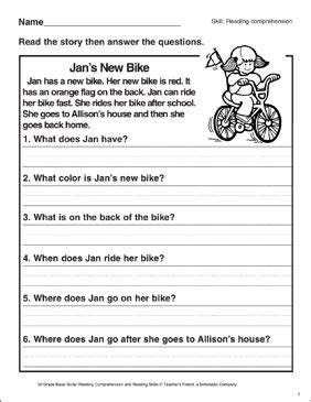 Children have an innate curiosity about th. Jan's New Bike (Reading Comprehension) | Printable Skills ...