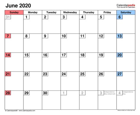 June 2020 Calendar Templates For Word Excel And Pdf