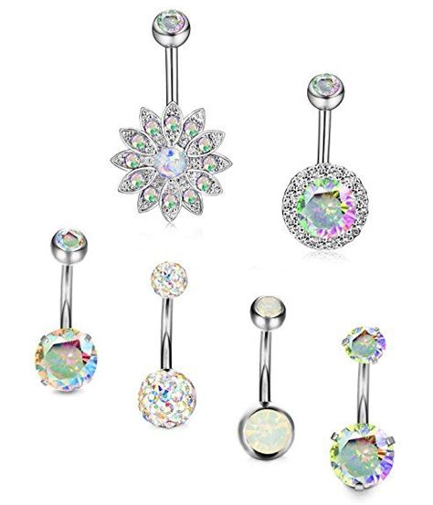 Thunaraz 6pcs 14g Belly Button Rings Stainless Steel Navel Rings Cz Body Jewelry Created Opal