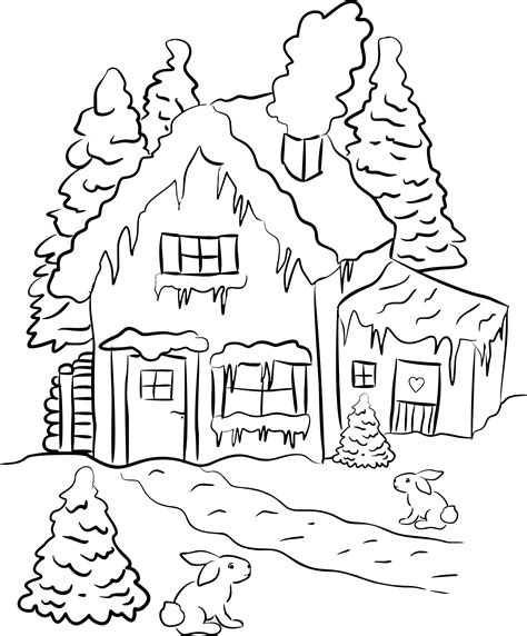 Clipart Winter House Scene Line Art