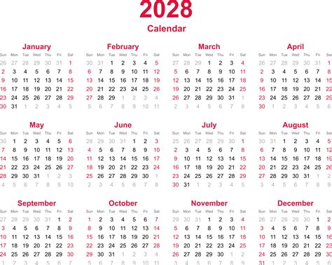12 Meses Calendario Año 2028 Sobre Fondo De Transparencia 13666370 Png