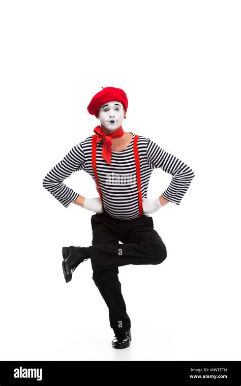 Funny Mime Performing On One Leg Isolated On White Stock Photo Alamy
