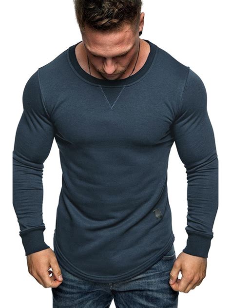 mens muscle long sleeve t shirt gym sports casual plain slim fit tops shirts
