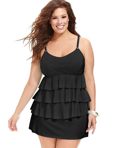 Island Escape Plus Size Tiered Ruffle Tankini Top And Solid Swim Skirt