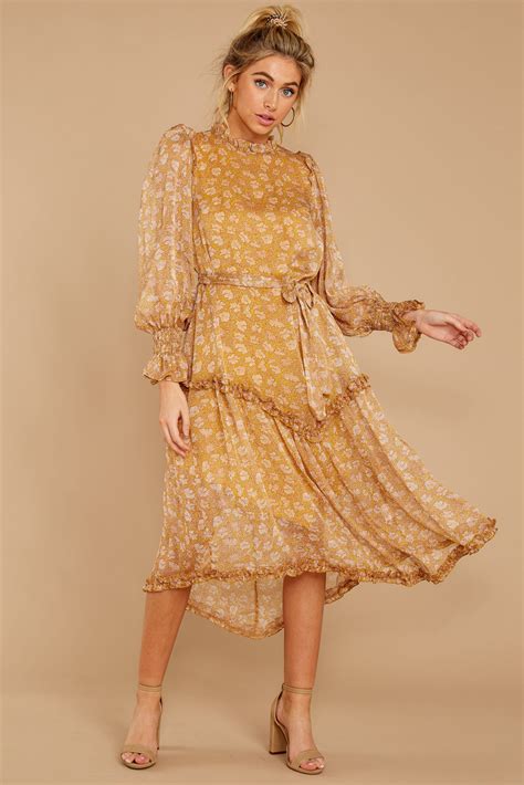 Lovely Yellow Floral Print Maxi Dress Long Sleeve Maxi Dress