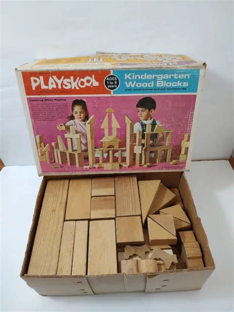 Vintage 1971 Playskool Kindergarten Wood Blocks Original Box 824 36