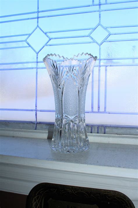 Large Antique Cut Crystal Vase With Saw Tooth Rim And Fan Decoration