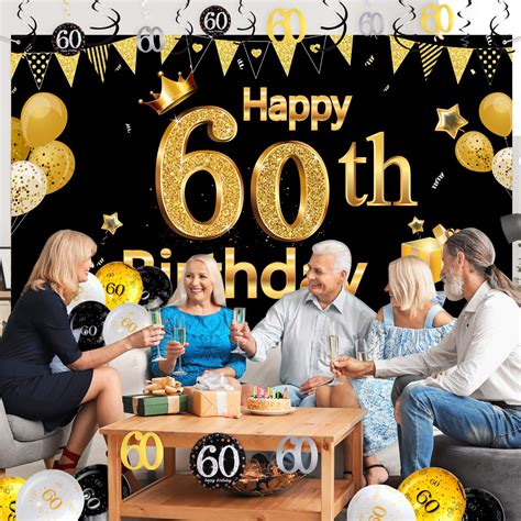 Happy 60th Birthday Party Decorations Kit Black Gold Glittery Happy