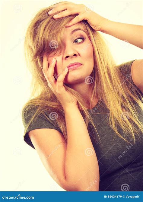 Ashamed Embarrassed Blonde Woman With Hands On Face Stock Image Image Of Introvert Stress
