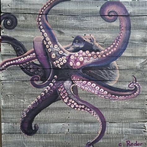 Purple Octopus Painting On Reclaimed Painted Wood Octopus Painting