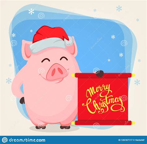 Merry Christmas Greeting Card With Cartoon Pig Stock Vector