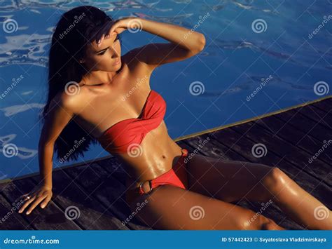 Beautiful Sensual Woman With Dark Hair Wearing Elegant Bikini Stock Image Image Of Luxury