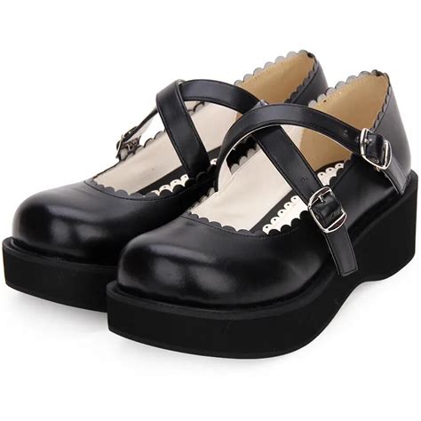 Japanese Lolita Girl School Uniform Mary Jane Wedge Shoes Black Pu