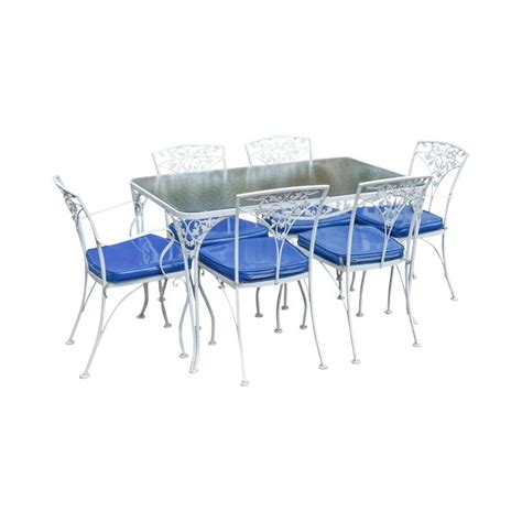 Woodard Ivy Vintage White Wrought Iron Patio Glass Top Table & 6 Chair Dining Set | Chairish