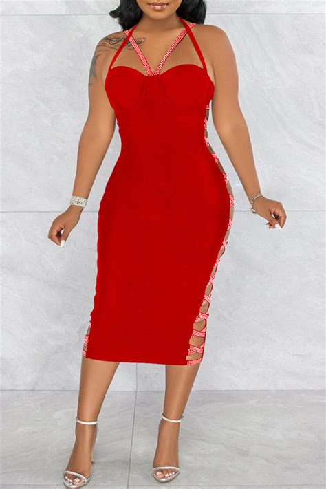 Red Sexy Solid Hollowed Out Patchwork Backless Slit Spaghetti Strap
