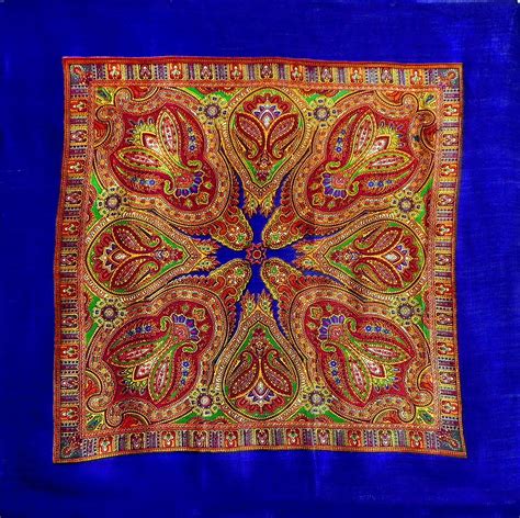 Colorful Paisley Print On Blue Light Woolen Head Scarf 30x31 In