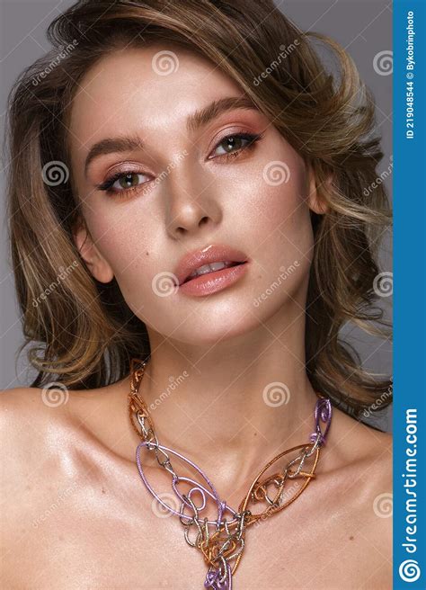 Beautiful Woman With Classic Nude Make Up Light Hairstyle Beauty Face