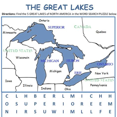 The Great Lakes Map Is Shown In Blue And White With Words That Spell