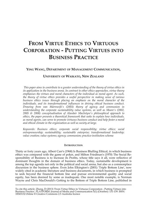 Pdf From Virtue Ethics To Virtuous Corporation Putting Virtues Into