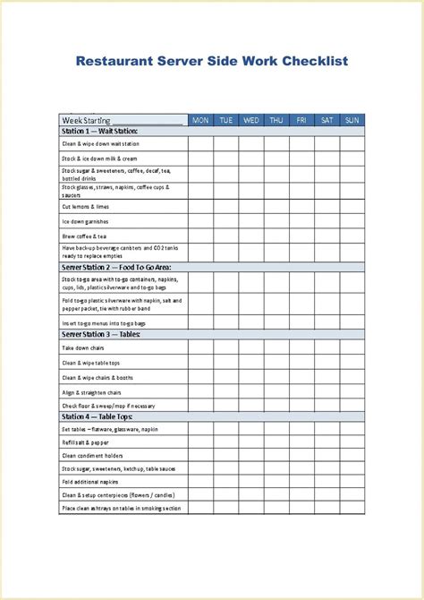 Printable Restaurant Server Side Work Checklist Template Sample