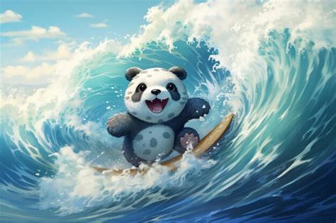 Premium Photo Cute Cartoon Panda Surfing Off Of The Hokusai Wave