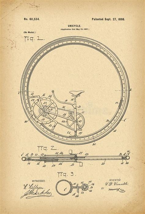 1897 Patent Velocipede Bicycle Unicycle History Invention Stock