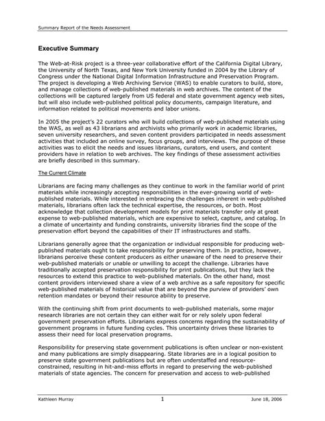Summary Report Of The Needs Assessment Page 1 Digital Library