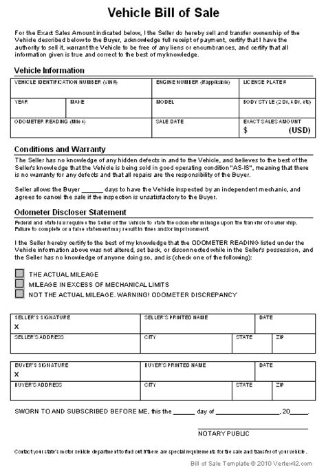 Free Printable Vehicle Bill Of Sale Template Form Generic Blank