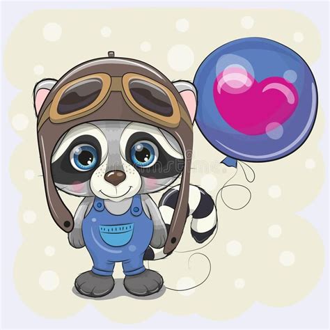 Cute Cartoon Raccoon Boy With Balloon Greeting Card Cute Cartoon