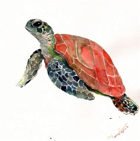 Sea Turtle Original Watercolor Painting X In Olive Green