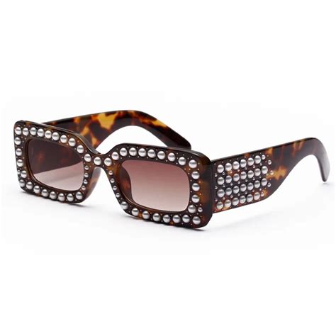 buy mimiyou square inlay pearl uxury women sunglasses with case vintage fashion