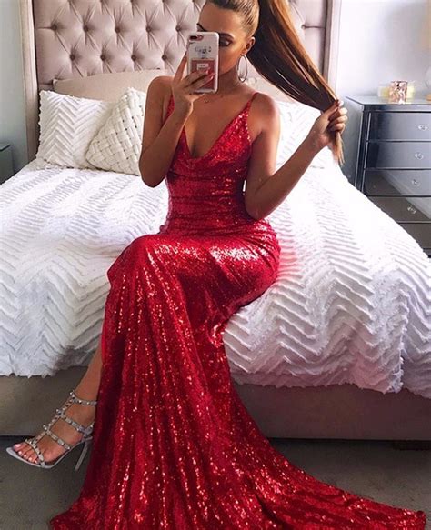 Catabella Sequin Cowl Neck Strappy Open Back Long Maxi Dress Red Prom Dress Long Red Mermaid
