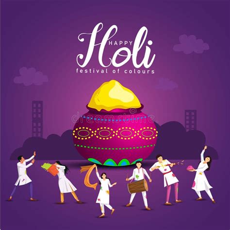 Happy Holi Cartoon Young People Playing Holi On White Costume Stock