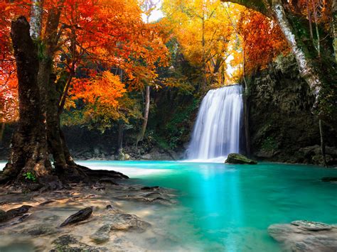 Waterfall In Kanjanaburi Thailand Landscapes Wallpaper Autumn Trees Red