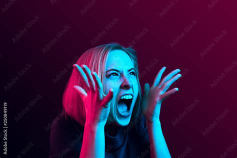 Screaming Hate Rage Crying Emotional Angry Woman Screaming On Neon