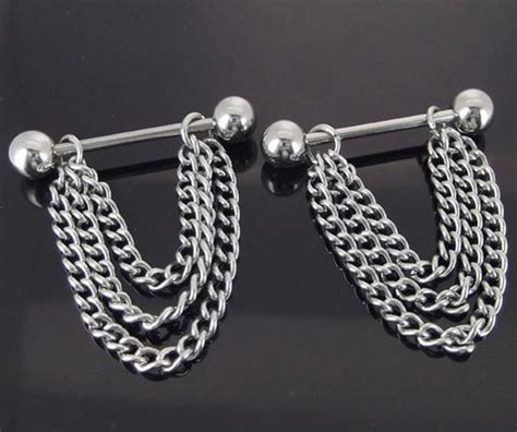 Pair 14g Stainless Steel Chain Dangle Nipple Rings Barbells