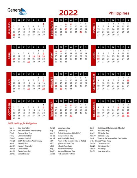 Philippine Calendar 2022 With Holidays Printable Printable Word Searches