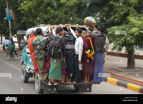 Myanmar Aka Burma Mandalay Typical Street Scene With Crowded Public