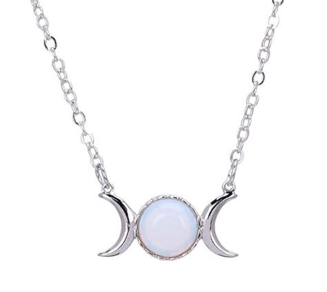 Silver Triple Goddess White Moon Necklace Pagan Pendant Wicca Pendant