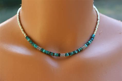 Genuine Turquoise And Silver Beaded Choker Necklace Boho Gemstone
