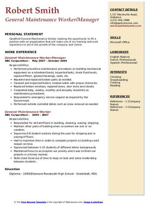 Resume Templates For Maintenance