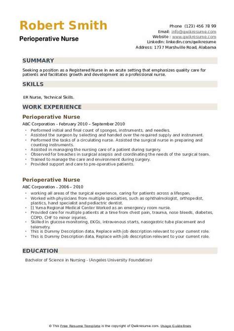 Perioperative Nurse Resume Samples Qwikresume