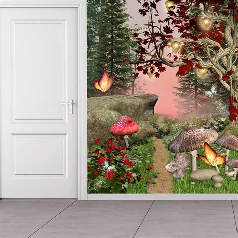 Enchanted Forest Wall Mural Red Butterfly Trees Photo Wallpaper Girls