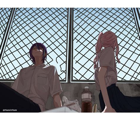 Two Anime Characters Sitting In Front Of A Window