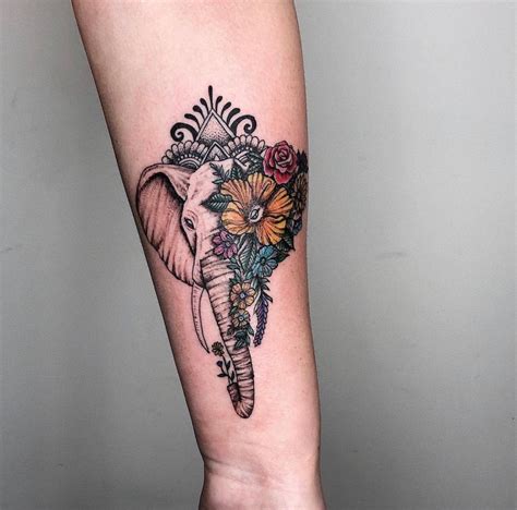 Elephant And Flowers Leg Tattoo