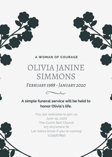 The date and time of the memorial service or funeral. Customize 60+ Death Announcement templates online - Canva