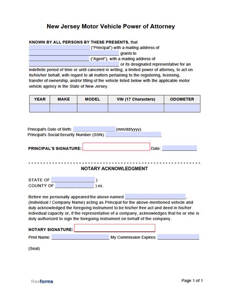 Free New Jersey Motor Vehicle Power Of Attorney Form Pdf Word