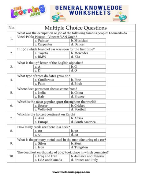 Download Free Printable General Knowledge Quiz Worksheet 16 For Kids